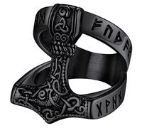 FaithHeart Chevaliere Thor Viking Homme 59 Noire Bague Mjolnir Marteau de Dieu Nordique Acier Inoxydable Bijoux Biker Punk Cadeau pour Garçon