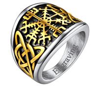 FaithHeart Chevaliere Viking Homme 59 Plaqué Or Personnalisé Prénom Bague Boussole Vegvisir Nordique Acier Inoxydable