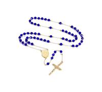 FaithHeart Collier Chapelet Catholique Plaqué Or pour Femme, Rosaire de 66cm en Cristal Bleu avec Médaille Saint Vierge Marie et Pendentif Crucifix, Décoration pour Cérémonies Religieuses