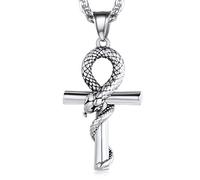 FaithHeart Collier Croix Ankh Homme Amulette Pendentif Croix avec Serpent Acier Inoxydable avec Chaîne 55cm