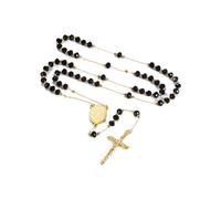 FaithHeart Collier Femme Chapelet Catholique Plaqué Or, Rosaire de 66cm en Cristal Noir avec Pendentif Crucifix et Médaille de La Vierge Marie, Bijoux Amulette pour Communion et Baptême