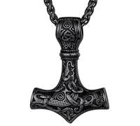 FaithHeart Collier Homme Acier Inoxydable Viking Runes Nordique Pendentif Marteau de Thor Motifs Celtiques Acier Inoxydable Noir Steampunk Mjöllnir Scandinave Nordique