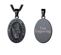 FaithHeart Collier Pendentif Noir Personnalisable Prénom Gravé-Médaille Saint Christophe en Acier Inoxydable-Médaillon Saints Patrons Chrétienne avec Chaîne 55+5 cm Bijoux Porte Bonheur Hommes Femmes