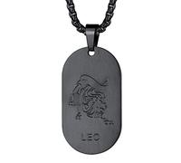 FaithHeart Collier pour Homme Acier Inoxydable Signe Astrologique Lion Pendentif Plaque Militaire Femme Noir Acier Inoxydable Médaille Zodiaque Idée Cadeau Hommes Femmes Garçons