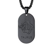 FaithHeart Collier pour Homme Acier Inoxydable Signe Astrologique Taureau Pendentif Plaque Militaire Femme Noir Acier Inoxydable Médaille Zodiaque Idée Cadeau Hommes Femmes Garçons