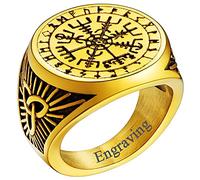 FaithHeart Grande Bague Homme Nom Personnalisable Vegvisir Boussole Runique Celtique Nordique Chevalière Acier Inoxydable 67 Plaqué Or