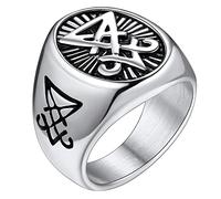 FaithHeart Grande Chevaliere Taille 69 Lucifer Homme Bague Prénom Personnalisé Nom à Graver Satanique Acier Inoxydable Bijoux Satan Biker Gothique Vintage Cadeau Anniversaire pour Ado Garçon