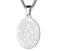 FaithHeart Médaille Saint Antoine Collier Pendentif Ovale Acier Inoxydable Religieux Saints Patrons Chrétienne Catholique Bijoux Porte Bonheur Homme Femme