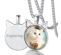 FaithHeart Pendentif Chat avec Photo Gravé Femme Pendentif Médaillon Porte Photo Personnalisé Bijoux Personnalisable Cadeau Anniversaire Fête des Mères pour Fille Maman