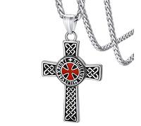 FaithHeart Pendentif Chevalier Templier Blason Sceau,Collier Croix de Jérusalem en Acier Inoxydable/Plaqué Or/Noir avec Chaîne Réglable 55+5cm,Bijoux Personnalisable Religieux pour Hommes et Femmes