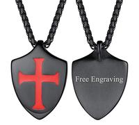 FaithHeart Pendentif Homme Personnalisable Chevalier Templier en Noir Acier Inoxydable,Collier Bouclier avec Chaîne Ajustable 55cm,Bijoux Religion Baptême pour Hommes et Garçons