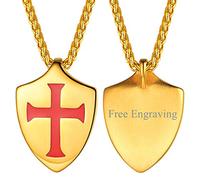 FaithHeart Pendentif Homme Personnalisable Chevalier Templier Plaqué Or Acier Inoxydable,Collier Bouclier à Graver avec Chaîne Ajustable 55cm,Bijoux Religion Baptême pour Hommes et Garçons