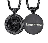 FaithHeart Pendentif Loup Rond Viking Nordic Rune Nom Personnalisable Noir Fenrir Nordiques Collier Prénom Gravé Vikings Acier Inoxydable Bijoux Amulette Protection pour Femme