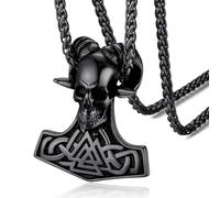 FaithHeart Pendentif pour Homme Vikings Noir,Collier Corne de Bélier Tête de Mort Marteau de Thor Acier Inoxydable,Bijoux Nordique Amulette Cadeau pour Garçon