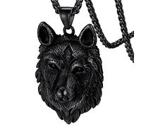 FaithHeart Pendentif Viking Noir Homme,Collier Tête de Loup Acier Inoxydable avec Chaîne Noire,Porte Bonheur Bijoux Cadeau pour Garçon
