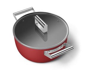 Faitout bas aluminium antiadhésif 24 cm rouge mat avec couvercle verre trempé Smeg