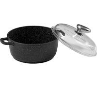 - Faitout Façon Pierre 20 X 18 Cm - Fonte D'aluminium Noir - Revêtement Anti-Adhérent - Couvercle Verre - Poignées Silicone - Compatible Tous Feux Y Compris Induction