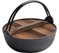 Faitout Sukiyaki en fonte avec couvercle en bois et double poignée pour nouilles, ramen, soupe, ragoûts - 29 cm