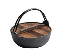 Faitout traditionnel japonais en fonte avec couvercle en bois, noir, antiadhésif, rond, 27 cm de diamètre, pour une cuisson à une casserole