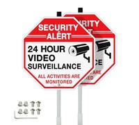 Faittoo Lot de 2 panneaux de sécurité vidéo surveillance avec piquet de 91,4 cm pour l'extérieur, en aluminium lourd antirouille, réfléchissant, résistant à la décoloration, 2 trous pré-percés, vis et