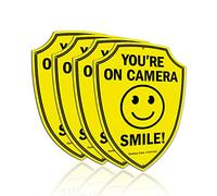 Faittoo Lot de 4 panneaux d'avertissement réfléchissants en aluminium avec inscription « Smile You're On Camera » pour caméra de vidéosurveillance à domicile, professionnelle, résistant aux intempéries, 24 x 17 cm