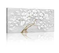 FajerminArt 3d Blanc Floraison Fleur Arbres Cadre en Bois Impression sur Toile, Grande Moderne Gris Nordic Minimalistes Art Mural Tableau Decoration Murale Salon Chambre Prêt à Suspendre 100x50cm