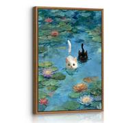FajerminArt Drôle Chat dans Nénuphar Tableau Decoration Murale Avec Cadre Monet Célèbre Floral Impression Sur Toile Vintage Humoristique Animal Affiche Peinture Decor Maison pour Salon Chambre 30X40cm