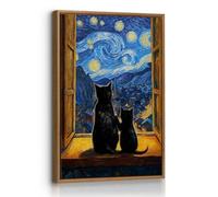FajerminArt Van Gogh Nuit étoilée Avec Des Chats Tableau Decoration Murale Avec Cadre Animaux Rigolos Impression Sur Toile Chats Vintage Affiche Peinture Decor Maison pour Salon Chambre 40X60cm