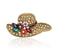 Fajewellery Broche vintage dorée pour femme - Chapeau de soleil avec pierres de zircone - Badge rétro pour blazer, cardigan, chemise, robe, chapeau