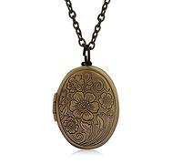 Fajewellery Collier Médaillon Ovale en Laiton Vintage, Colier à Photo Floral Gravé, Collier Pendentif Souvenir avec Motifs de Fleurs
