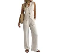 Fakanhui Ensemble 2 pièces en lin pour femme - Gilet d'été - Jambes larges - Pantalon d'affaires, loisirs, vacances, ensembles de travail, Lin naturel., XL taille courte