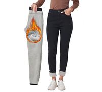 Fakanhui Jeans d'hiver Thermiques pour Femme avec Doublure en Polaire, Fermeture éclair boutonnée Noire 02, L Taille Courte