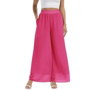 Fakanhui Pantalon Palazzo en mousseline de soie pour femme - Taille haute élastique - Décontracté - Pantalon d'affaires fluide, Mousseline 01 Rose foncé, Taille L