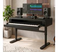 Fakednss Height Adjustable Piano Desk, Music Studio Desk with Keyboard Tray,69-107 cm Hand-Crank Lift, 4-Level Smooth Tray, Stable Steel Frame, Black/Walnut Finish.(Schwarz,61 Tasten(120 * 60cm))