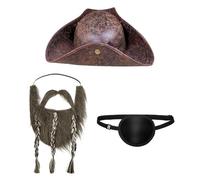 FakeFace 4Pcs Ensemble de Costume de Pirate Chapeau Tricorne en PU Barbe et Moustache Cache œil Accessoires de Costume de Pirate Adulte pour Halloween Carnaval Cosplay