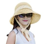 FakeFace Chapeau Soleil Pliable Femme Chapeau de Plage Panama d'été Casquette de Paille à Large Bord Casquette Anti-Soleil pour l’Ombre en Bord de Mer à Lanière