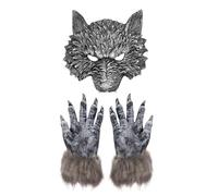 FakeFace Ensemble Masque de Loup Réaliste et Gants en Fausse Fourrure Masque Loup Garou 3D avec les Faux Crocs Déguisement Animaux pour Adulte Accessoires de Costumes Halloween Carnaval