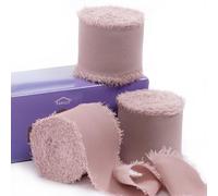 FAKILO Lot de 3 rouleaux de ruban en mousseline de soie avec bord effiloché, rose poudré, 3,8 cm x 7 m pour invitations de mariage, bouquets de mariée, emballages cadeaux, loisirs créatifs