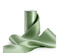 FAKILO Ruban de satin Vert Sauge large double face de couleur unie - 10 cm x 9,1 m - Parfait pour découpe de cérémonie, inauguration, emballage cadeau, décoration de Noël, rubans de chaise