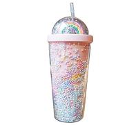 FAKKA Bouteille d'eau créative en plastique arc-en-ciel de 550 ml Double couche Sables mouvants brillants Paillettes Gobelet Kawaii avec couvercle de paille