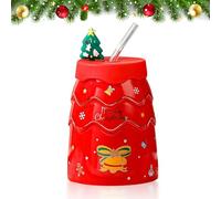 Falafoty Tasse de sapin de Noël, Tasse à Café de Noël en Céramique avec Couvercle Paille, 400ml Mug Noel Hiver Tasses' à Lait Cadeau pour Parents, Enfants, Amoureux, Amis, Cadeau Emballé (Rouge)