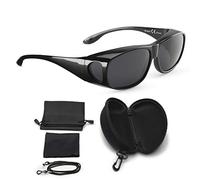 FALINGO Sur-lunettes solaires lunettes de soleil à porter sur des lunettes ÉDITION CLASSIQUE polarisées UV 400 (Noir brillant, Gris)