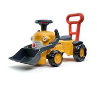 Falk - Porteur Komatsu - Pelle & Barre de Marche - Dès 12 Mois | Volant avec klaxon, assise ouvrante, clé sonore, barre de marche et pelle frontale. Fabriqué en France