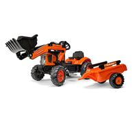 FALK - Tractopelle à pédales Kubota avec et remorque - Dès 2 ans - Fabriqué en France - Pelle frontale articulée - volant directionnel avec klaxon - 2065AM, Orange