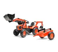 FALK - Tractopelle à pédales Kubota avec excavatrice et remorque - Orange - Fabriqué en France - Pelle Frontale et excatrice articulées - Siège Rotatif - Dès 3 Ans - 2060Y