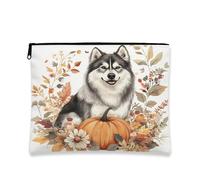 Fall Alaskan Malamutes Trousse de maquillage pour chien, feuille de citrouille d'automne, pochette de voyage pour femmes, filles, animaux de compagnie, petite toile portable avec fermeture éclair