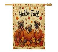 Fall Bullmastiffs Drapeau de maison de chien 71,1 x 101,6 cm double face pour décoration extérieure, campagne d'automne tricotée citrouille avant cour toile drapeau maison, ferme, extérieur