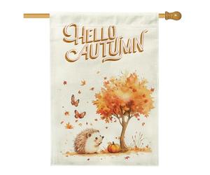 Fall Fun Drapeau de maison hérisson 71 x 101,6 cm double face pour décoration extérieure, arbre d'automne feuille d'érable en toile, drapeau de maison, motif animal pour enfant