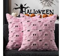 Fall Halloween Throw Pillow Covers, Housses De Coussin FantôMes D'Halloween, Housse De Coussin Halloween 45X45 Cm, Taies D'Oreiller FantôMe Blanches, Pour DéCoration D'IntéRieur (Fantôme rose)