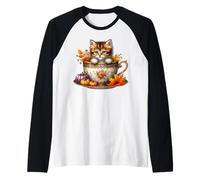 Fall Hot Tea Graphic for Kitten Lover Cute Autumn Coffee Cat Manche Raglan